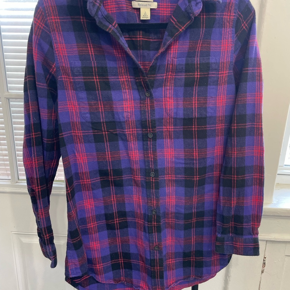 L.L. Bean Purple and Red Scotch Plaid Flannel Tunic Shirt (Size S)